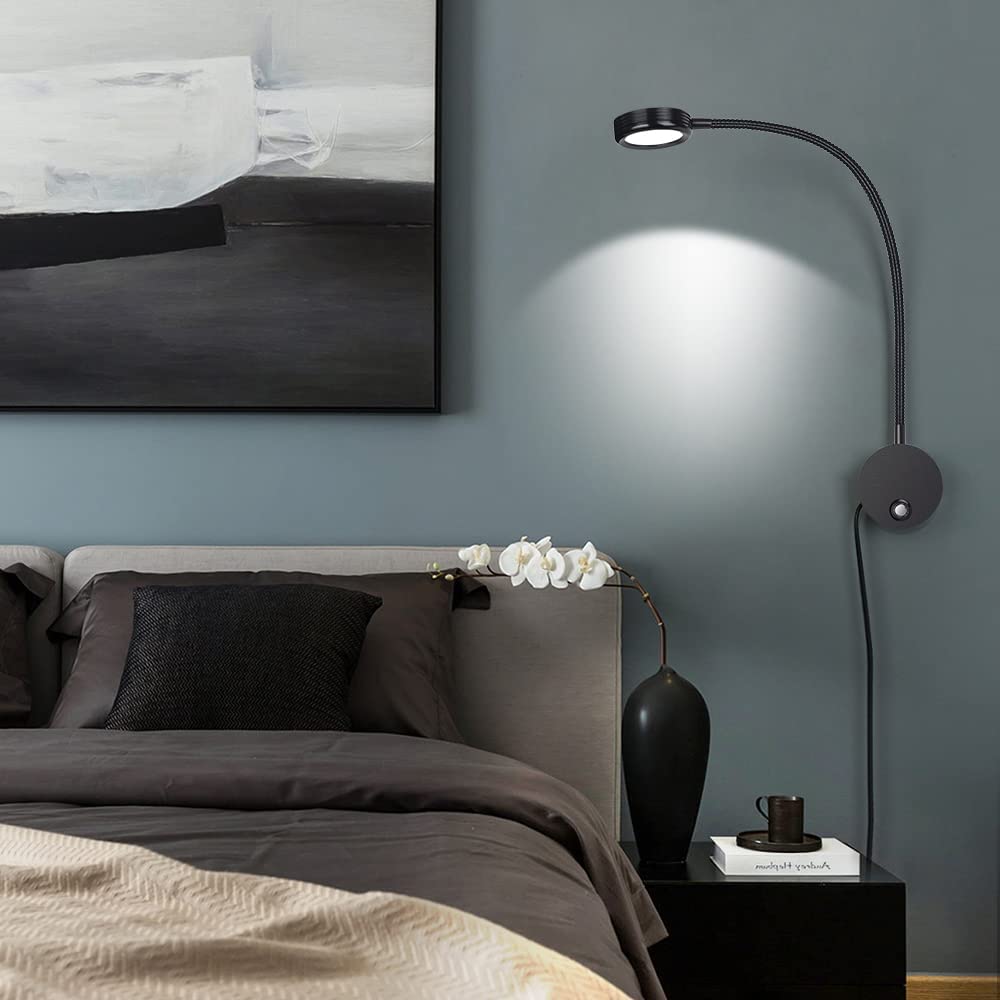 ERWEY 2pcs Lampes de lecture murales, liseuse de chevet avec interrupteur tactile dimmable 3000-6000K, port de charge USB, 4W liseuse de lit pivotante à 360° avec prise et câble pour chambre, noir