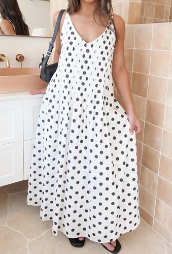 Image of Anoumcy Summer Pleated Maxi Dresses for Women 2026 Spaghetti Strap V Neck Vacation Beach Long Flowy Boho Sundress