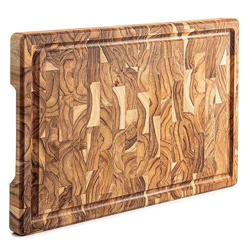 Erreke Tabla de Cortar en Madera de Teca End Grain 44x29.5x3.8 cm, Tabla Madera Cocina Grande y Resistente, para Servir Embutidos y Picar Carne Barbacoa Queso Pan, Alta Durabilidad (ranura para jugos)