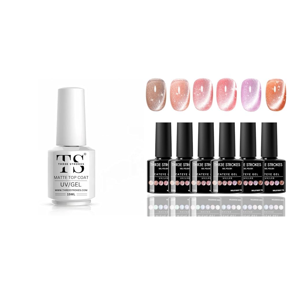 THR3E STROKES Matte Gel Top Coat 15ml, No-Wipe Chrome Powder-Resistant Polish, Long Lasting Gel Nail Polish 9D Cat Eye Gel Nail Polish, Magnetic Cat Eye Gel Polish Set 7ml*6 with, Classic Colors-image-43