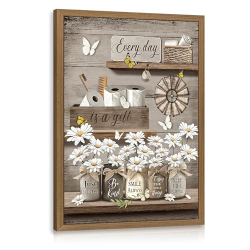 Clicyre Farmhouse Bathroom Wall Art, Rustic Daisy Mason Jar Canvas