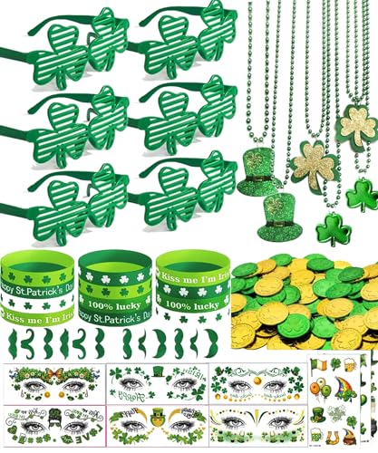 178 Pack St Patricks Day Accessories Set, St Pattys Accessories Decorations Party Favor Bulk Shamrock Glasses Wristbands Necklace Green Beard Tattoo Stickers Coins for Irish Party Supplies