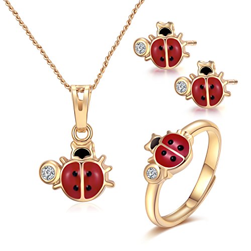 Ladybug Pendant Necklace for Advent Gift, Charms Christmas Gift 14k Gold-Filled Red and Black Ladybug Pendant Necklace Rings Set Jewelry For Kids,18â€ (ladybug)