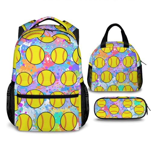 School Backpack for Girls, Softball Backpacks with Lunch Box Matching Combo for Elementary Preschool Middle School, Colorful Lightweight Bookbag and Pencil Case Bundle for Kids