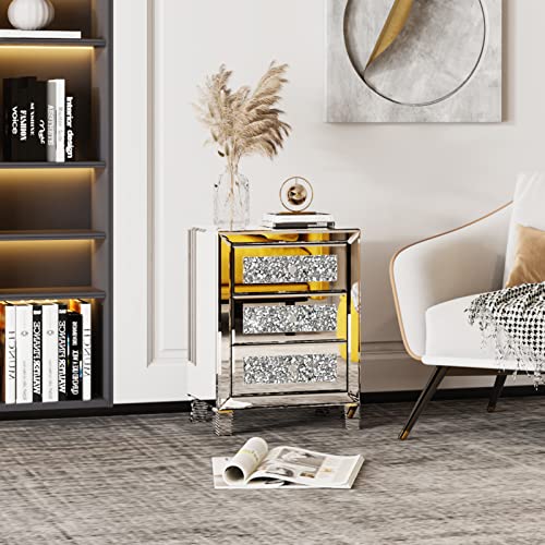 Image of VINGLI Mirrored Nightstand Set of 2, Mirrored Side /End Table for Living Room, Glass Silver Nightstand, Crushed Glass Mirror Night Stand, Contemporary Night Table Mirror Bedroom Furniture Set