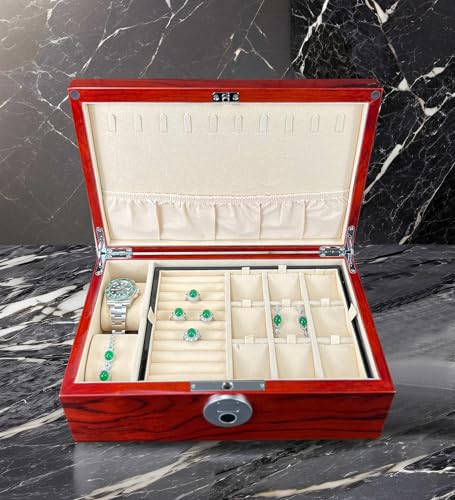 SYENS Wooden Jewelry Box with Fingerprint Lock, Jewelry Storage Box&Organizer for Women, with Necklace Hanger and Mirror inside, Mother's Day Gifts (1L-RS)