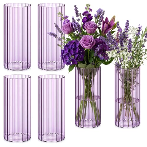 Ninehaoou 6 Pack 8 Inch Tall Ribbed Glass Cylinder Vases Bulk Clear Purple Decorative Flower Vases for Wedding Table Centerpieces Housewarming Gift Home Decor Set