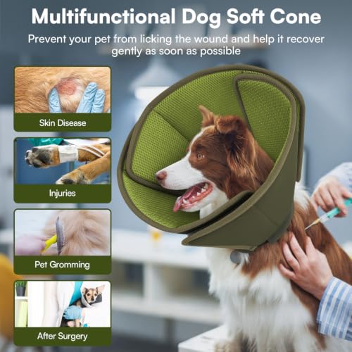 Image of Queenmore XL Dog Cone, Comfy Cone for Dogs to Stop Licking After Surgery | Reversible Elizabethan Collar for Dogs with 3-Panel Foldable Design, Breathable Pet Cones for Wound Healing, Dark Green,XL