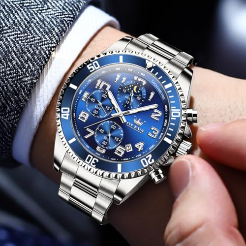 Image of OLEVS Watches for Men Stainless Steel Dress Men Watch with Date Big Face Chronograph Waterproof Luxury Fashion Watch Blue /Black /Gold /Green /Silver Face Relojes para Hombres
