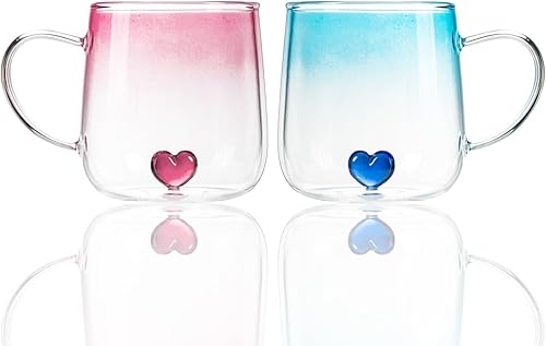 Tazas de café de vidrio con grabado de corazón, vasos estéticos de 16 onzas, lindo regalo del día de San Valentín para ella (rosa transparente y