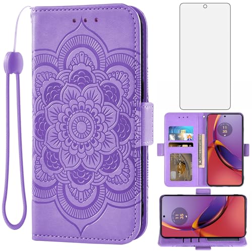 Asuwish Funda para Motorola Moto G84 5G con Cristal Templado Protector Pantalla Vidrio Pelicula Protectora Libro Cuero Piel Tarjetero Soporte G 84 84G XT2347 2 Tapa Carcasa Protección Capa Case Lila
