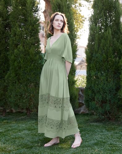 Image of Olaesa Boho Maxi Dress V Neck Short Sleeve Lace Smocked Waist Flowy Dress | Wedding Guest Dress with Pockets, Summer Bohemian Vacation Dress, Elegant Party Dress for Family photo& Baby Shower