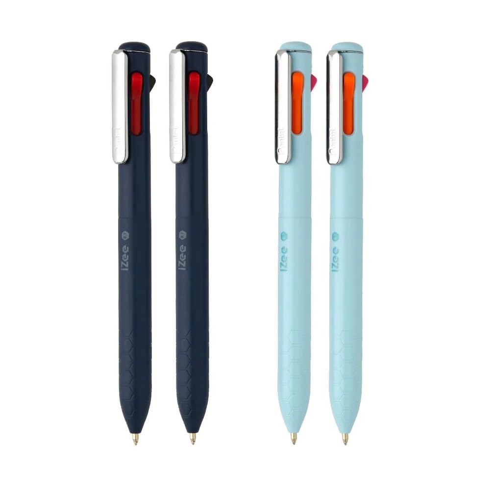 iZee 4 in 1 Color 1.0mm Ballpoint Pen Combo | Attractive Honeycomb Finger Grip with Smooth Flowing, Oil Base Ink | Dark Blue Barrel & Light Blue Barrel | Multicolour Ink, Pack of 4