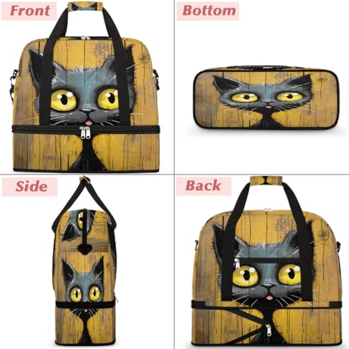 Black Art Cat Travel Duffle Bags With Shoes Compartment for Women Men Weekender Overnight Bag Foldable Sports Tote Gym Carry On Luggage Handlebag for Travel Yoga Hospital Workout3