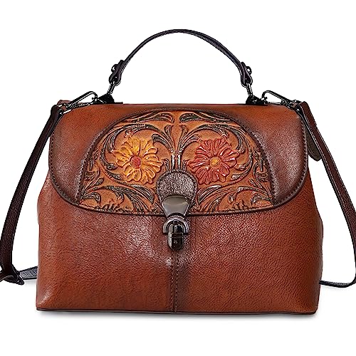 Image of Genuine Leather Satchel for Women Top Handle Bags Handmade Purse Vintage Embossed Leather Crossbody Handbags Hobo Bag