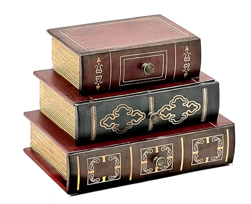 Bellaa 28076 Bücherbox mit Schubladen, versteckte Aufbewahrung, Schmuckstücke, Andenken, dekorative Buchstützen, Vintage, antikes Flussmittel, Leder, Holz, Organizer, Retro, Bauernhaus, Boho,