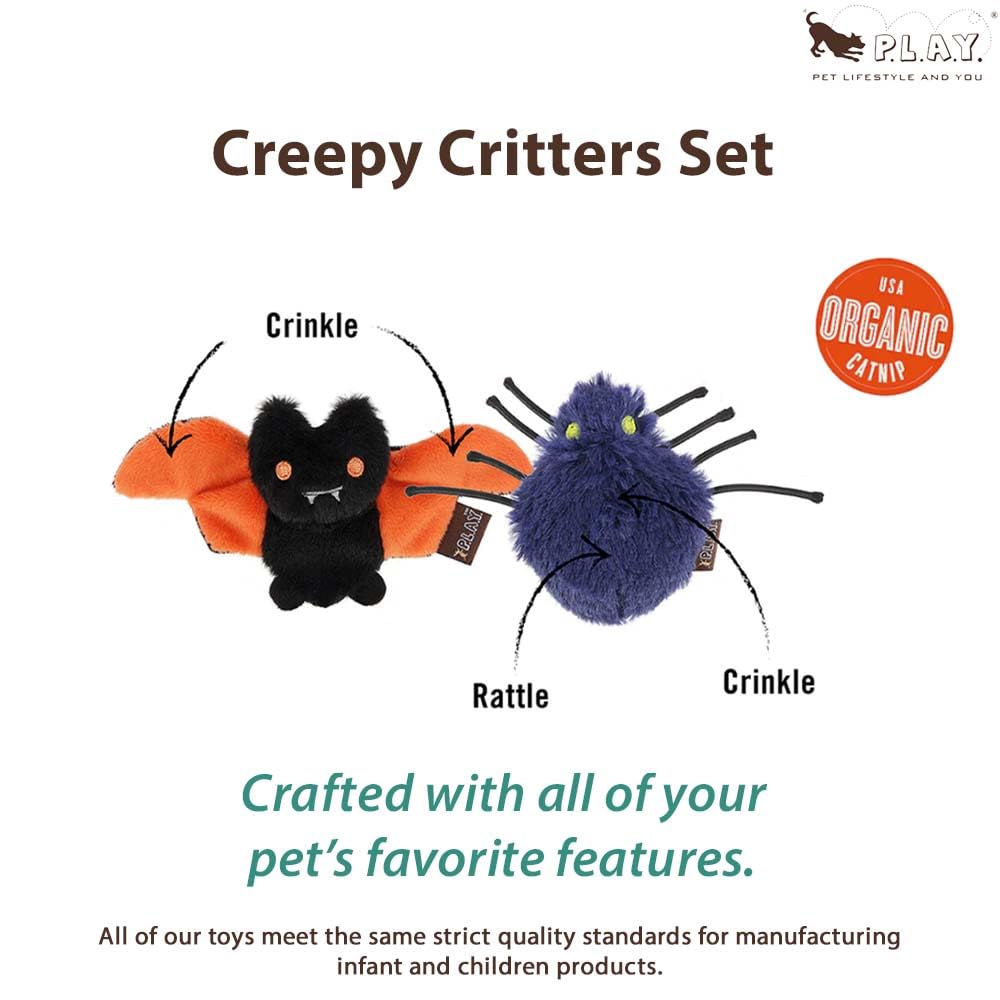 P.L.A.Y. Cute Cat Toys - Feline Frenzy Halloween Themed Catnip Filled Crinkle Toys, Great for Adult Cats & Kittens - Machine Washable, Double Stitched, Recycled Materials (Creepy Critters, Set of 2)