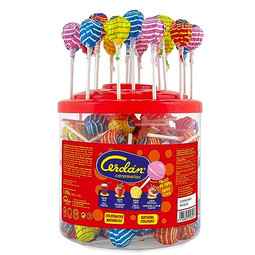 Caramelos Cerdán - Caramelos con Palo de Sabores Variados | Caramelo Redondo Macizo con Palo Sin Gluten ni Alérgenos | Ideal para Fiestas, Navidad y Cumpleaños | Tarro x 100 Unidades