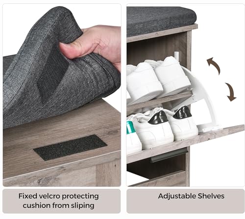 Shoe Storage Bench with 2 Flip Drawers, Entryway Bench with Padded Seat Cushion, Shoe Cabinet with 2 Barn Doors, 11.8" D x 39.4" W x 18.4" H, for Entryway, Living Room, Bedroom, Greige