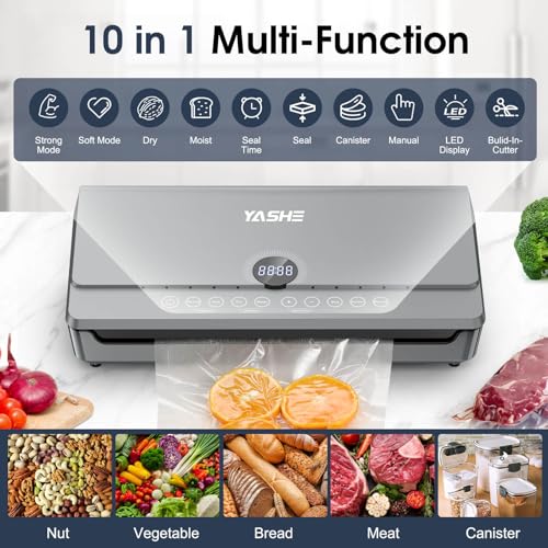 YASHE 80KPA Vacuum Sealer Machine with One-Touch Magnetic Lid, 10-in-1 Double Heat Seal & Double Pump Food Vacuum Sealer Machine, Integrated Roll Storage, Includes 1 Roll of Vacuum Bags