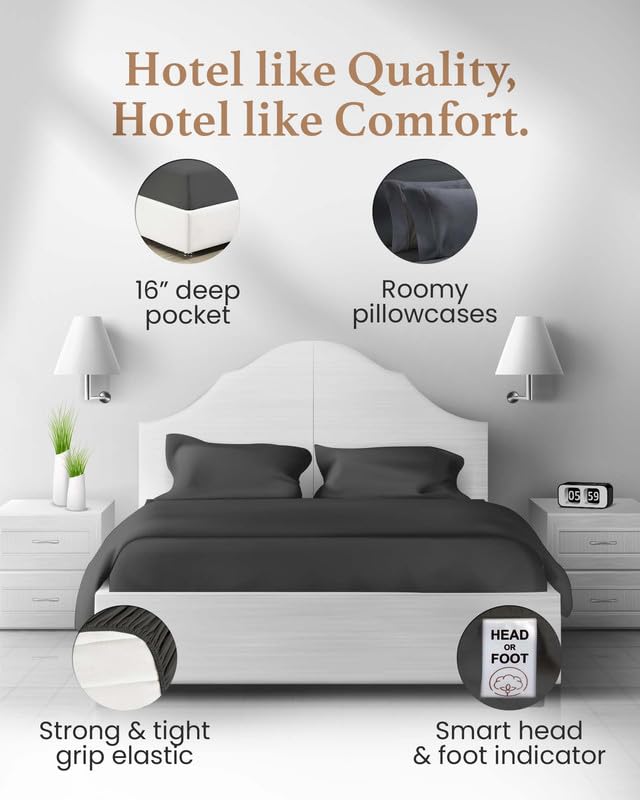 Image of 100% Egyptian Cotton Sheets Queen Size, 4 Piece Dark Grey Queen Bed Sheets
