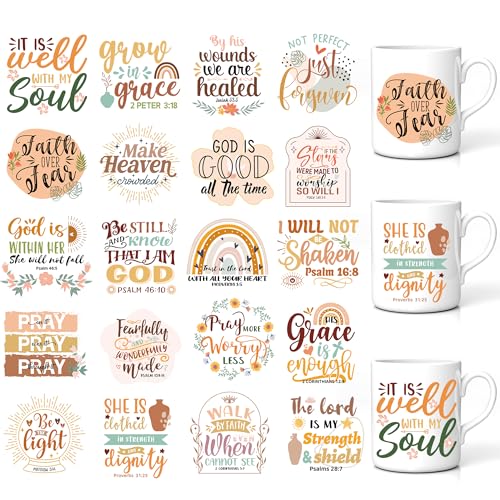 Bible Verse UV DTF Cup Wraps Stickers, 20 Sheets Religious Waterproof Transfers for Glass Mug, Boho Floral Rainbow Sun Designs, Christian Gifts for Friends, Self