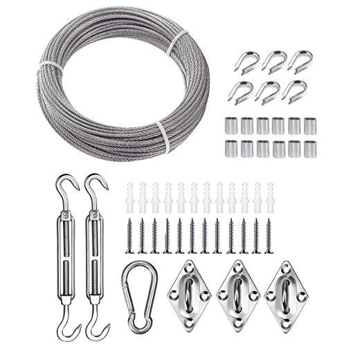 TooTaci Kit de accesorios para toldos de sol de acero inoxidable , para instalación de toldos de sol triangulares,50 pies 1/8 pulgadas con revestimiento de PVC, cables de metal de acero inoxidable