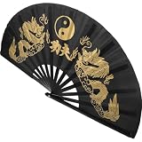 HOMSFOU Éventail Pliant Tai Chi en Bambou Noir 30 Cm, Éventail Rétro Chinois à Double Dragons Dorés, Accessoire pour Danse, Arts Martiaux et Décoration Intérieure
