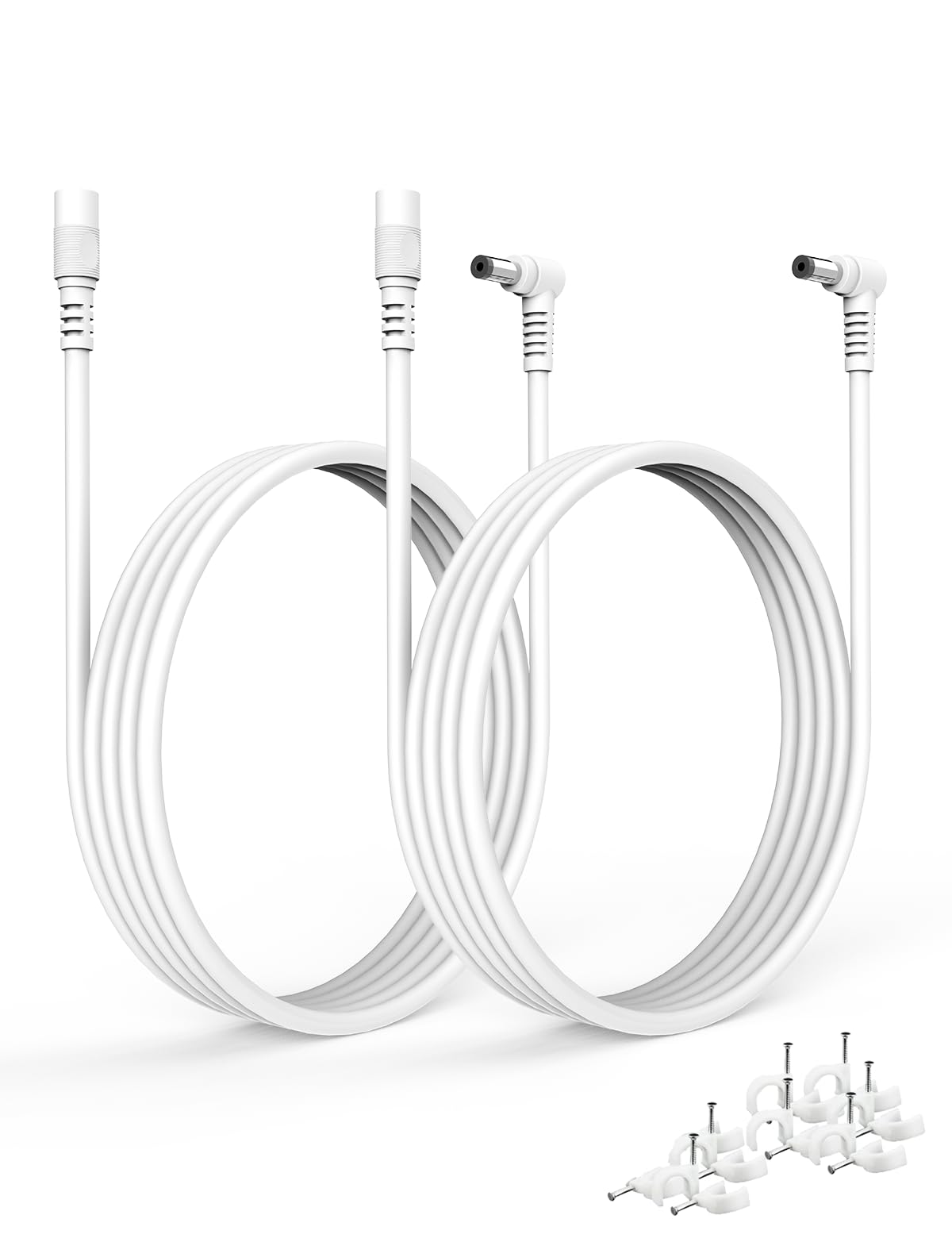 Tonton Przedłużacz DC 5 m, 2 sztuki, 5,5 mm x 2,1 mm, kąt 90 stopni, przedłużacz DC w kształcie litery L, przedłużacz do kamer monitorujących, oświetlenia pasków itp., biały, 5 m (2 sztuki)