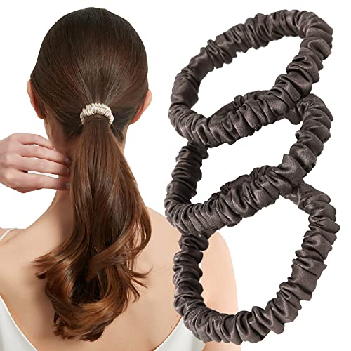 ヘアゴム シュシュ シルク 100% 髪ゴム 【美容のプロ推薦】 『髪に優しくダメージ軽減』 3個セット 大人 おしゃれ (ブラウン)