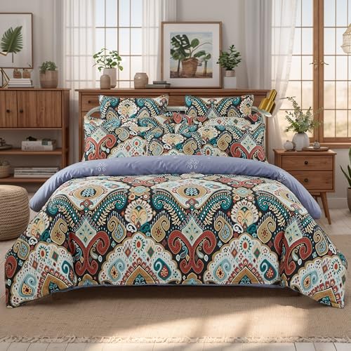 FADFAY Boho Paisley Duvet Cover Set Full Shabby Floral Bedding Classical Bohemian Paisley Bedding Breathable 100% Percale Cotton Ultra Soft Bedding Set with Hidden Zipper Closure 3 Pieces, Full Size