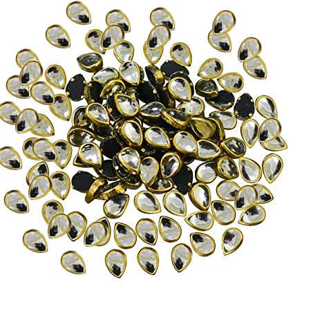 Generic Embroidery Point Kundan Stones Beads Flat Back Glue On Rhinestones for Jewellery Making Embroidery 500 Pcs Drop Tear Shape (White)