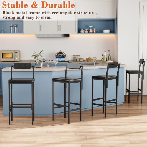 Set de 2 butacos para isla de cocina, butacos modernos de cuero sintético negro con respaldo, estilo industrial simple para cocina, comedor y bar en casa miniatura 5