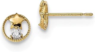Brincos de ouro amarelo 14 k com zircônia cúbica de zircônia cúbica e estrela em círculo, botão de bola, joias finas celestiais para mulheres, presentes para ela, Cristal Pedra Ouro amarelo Zircônia cúbica, Zircônia cúbica