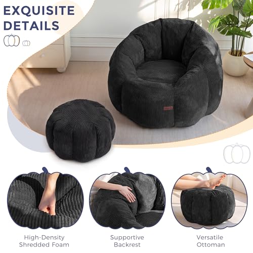 Image of MAXYOYO Giant Bean Bag Chair with Ottoman, Pumpkin-Shaped Bean Bag Sofa with Footstool, Oversized Boneless Couch Chair in a Box, Comfy and Lazy Lounge for Dorm, Living Room, Bedroom, Black