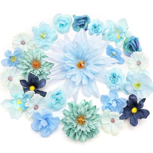 MOTONG 30 Stück Kunstblumen zum Basteln Künstlich Blütenköpfe, Künstliche Blumen Seidenblumen for Home Decor Brautstrauß Deko Blumen Blaue deko Hochzeitsdeko Tisch Party Valentinstag