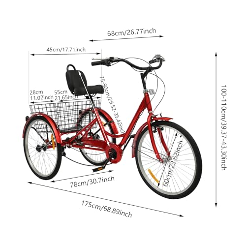 BJTDLLX Dreirad für Erwachsene 24 Zoll 3 Räder Fahrrad Dreirad, 29.52-35.43zoll Höhenverstellbar Senioren Dreirad mit Einkaufskorb und Rückenlehne, 7 Gang Erwachsenendreirad Cruise Bikes Dreirad (Rot) – Bild 3