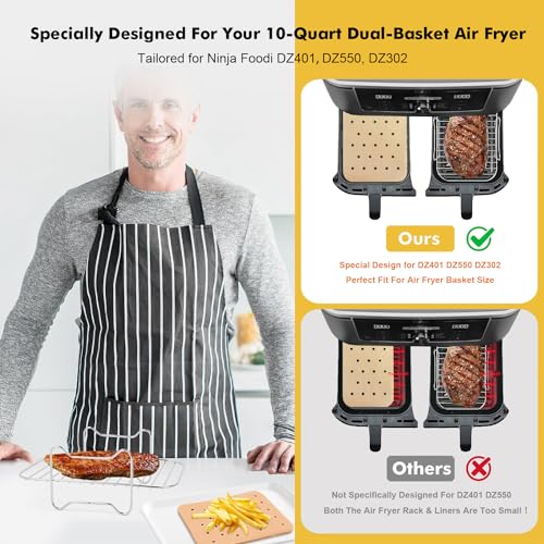 Dual Basket Air Fryer Accessories for Ninja Foodi DZ401 DZ550 DZ302 & Other 10 Quart 2-Basket DualZone Air Fryers, Come with Air Fryer Rack Set, 100Pcs Paper Liners, Silicone Brush & Tongs