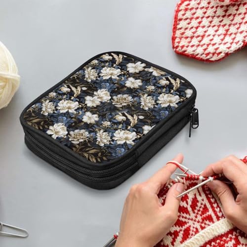 Image of Crochet Hook Case Vintage Floral Crochet Hook Holder Portable Crochet Hook Storage Bag with Web Pockets Suitable for Crochet Needles /Knitting Accessories