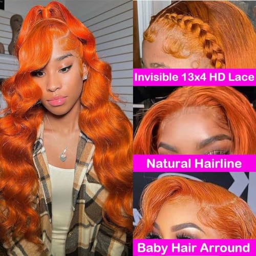 Image of 13X4 Orange Ginger Lace Front Wigs Human Hair Pre Plucked Body Wave Brazilian Colored Human Hair Wigs for Black Women Invisible HD Lace Frontal Wigs Human Hair 180% Density (32 Inch)