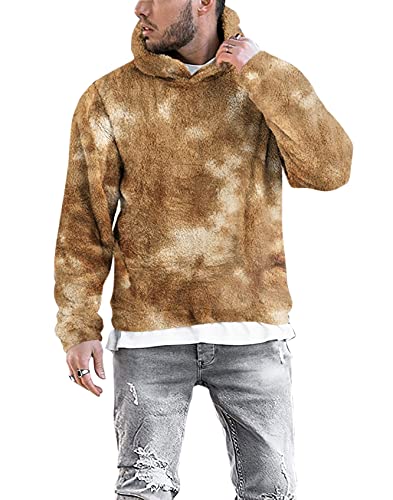 Renaowin Mens Casual Sherpa Fluffy Tie Dye Hoodies Sweatshirts Fuzzy Long Sleeves Hooded Pullover Plus Size Sweater Brown X-Large