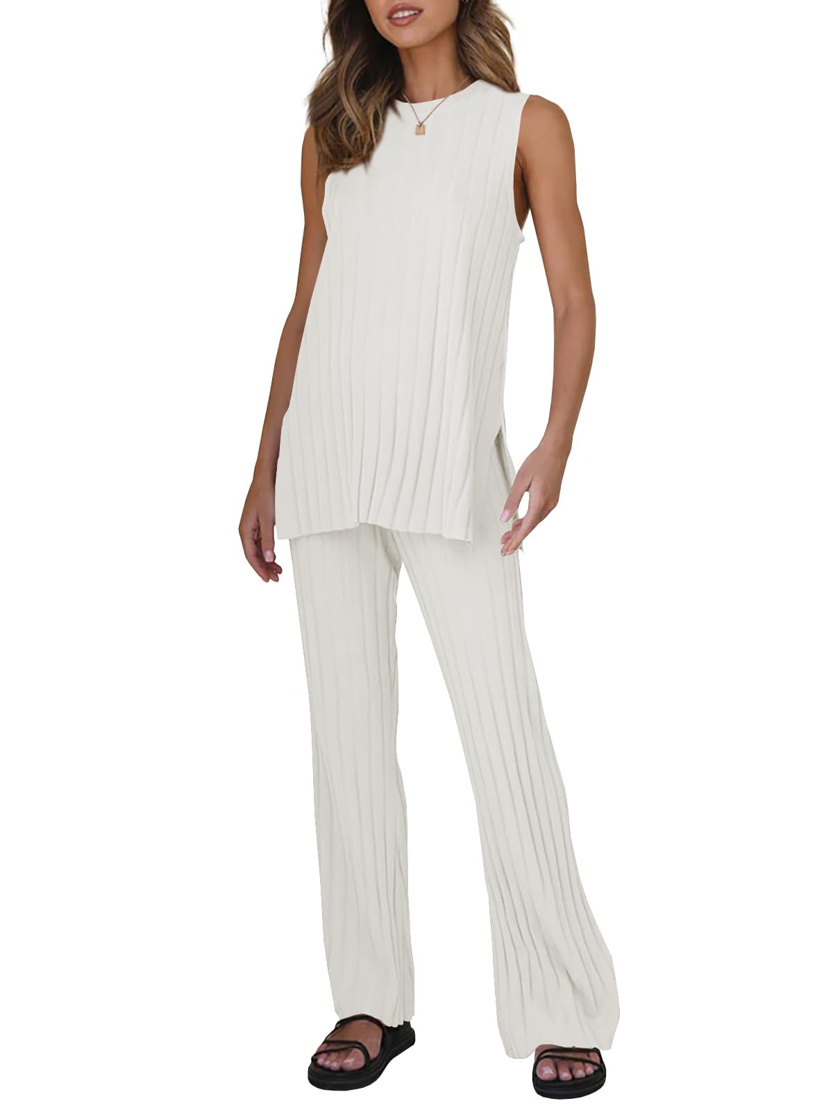 (L)Tankaneo Two Pieces Outfits Sleeveless Top Knit Sets Trendy Lounge Long Pajamas Set