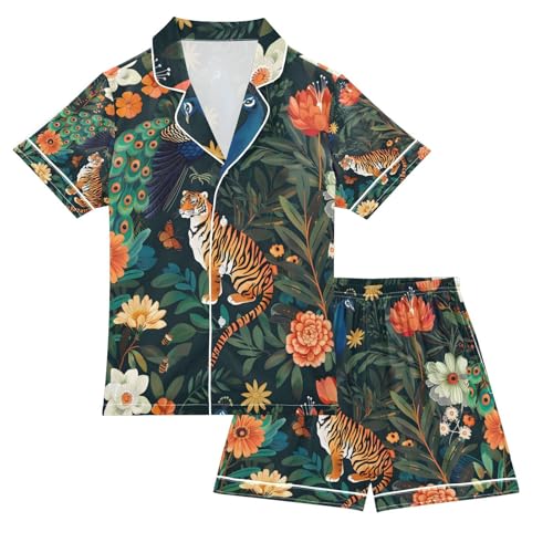 senya Peacock and Tiger Satin Summer Pajama Sets Silk Short Sleeve Button Down Sleepwear