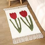 Wolala Home Tufted Woven Cotton Rugs Tulip Flower Floor Mat Entry Way Modern Rug with Tassels and Non-Slip Pad, Door Porch Area Rugs Kitchen Bathroom 2x3 Feet,Machine Washable (Red)