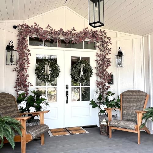 Image of Neutral Fall Garland for Mantle Fireplace - 2 Pack 6Ft Plum Cimicifuga Seeded Leaf Garlands Purple Autumn Decor Table Decorations for Home Indoor Door Halloween Realistic Leaves Garlands Outdoor