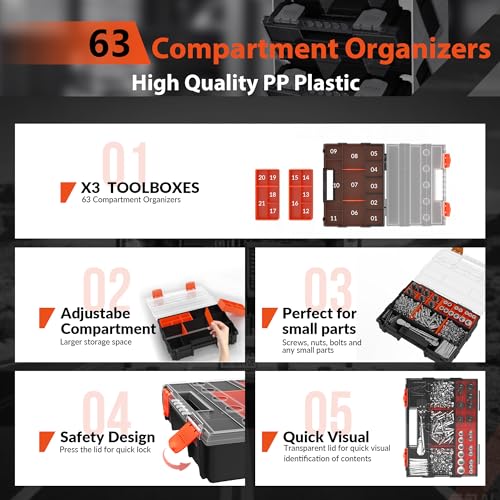 AIYOTAR Hanging Tote Kit for Van Shelving Storage, Work Van Organizers and Storage Boxes, 3 Small Parts Tool Box Organizer 63 Compartments and 1 Metal Hanging Organizer Holder, Van Shelf Accessories by AIYOTAR - Image 4