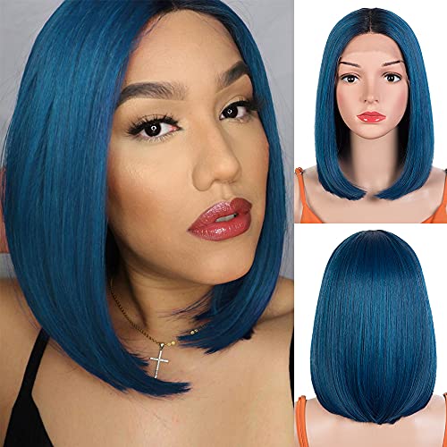 Bob Synthetic Wigs T Part HD Transparent Lace Front Wigs for Women 12 Inches Ombre Blue Color Long Straight Middle Part Bob Wigs for Cosplay Daily Party Use