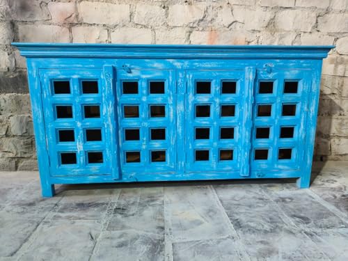 Nazar Art & Craft Solid Wooden Handcarved Sideboard Cabinet | Entryway Cabinet with Storage Shelf for Living Room, Bed Room, Guest Room | 180 x 40 x 90 CM | Blue