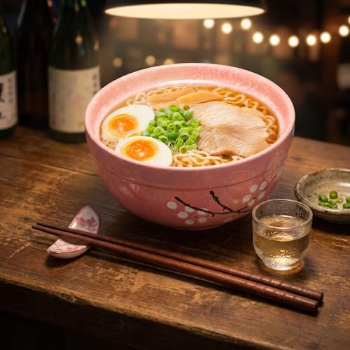 Image of Goaste 2 Pack Ceramic Ramen Noodle Bowl, 27 OZ Big Ramen Bowl with Lid, Japanese Hand-Painted Ceramic Tableware, Durable Floral Soup Bowl for Noodles, Porridge, Rice, Dishwasher Safe(Pink, Cyan Blue)