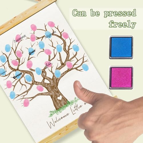 Image of QZCYU Gender Reveal Fingerprint Tree Canvas Guest Books, Baby Shower Decorations, Gender Reveal Party Decorations Gifts Ideas, Baby Shower Party Supplies, Thumbprint Hanging Paintings(12x15in)